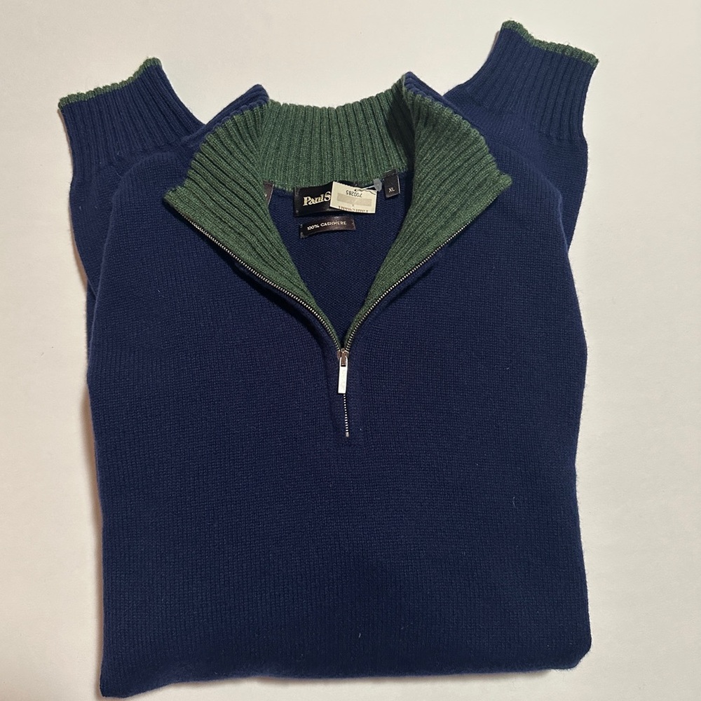 Paul Stuart 100% Cashmere Quarter Zip Navy/Green Sweater Made In Italy. New!